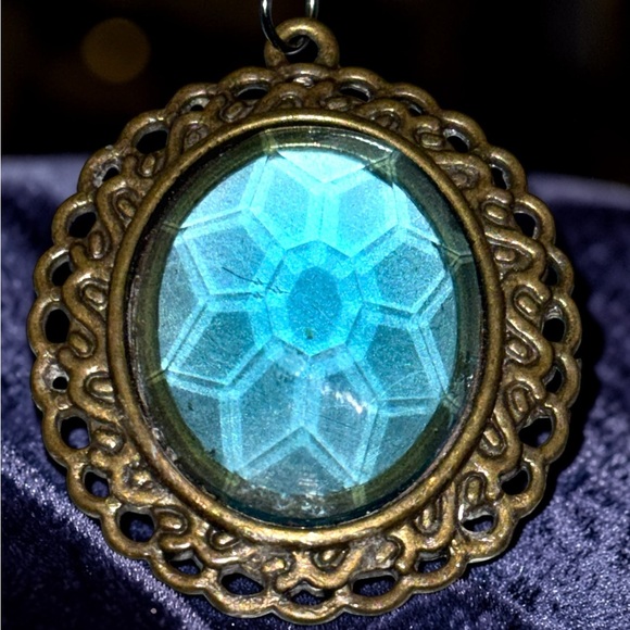 Jewelry - Vintage-Style Bronze Frame Pendant with Aqua Blue untested Glass
